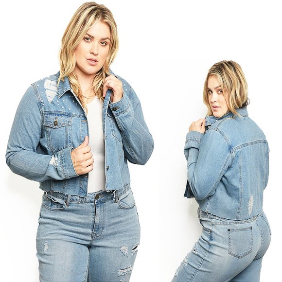 Women PLUS SIZE Pearls Embellished Rips Ragged Fray Washed Denim Jacket - J5617X - Picture 1 of 8